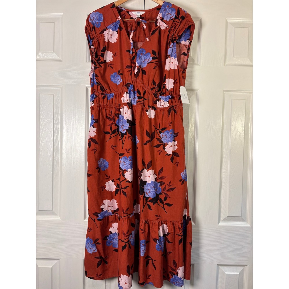 Time and Tru Rusty Bronze Floral Spade Tiered Midi Dress L 12-14 NWT